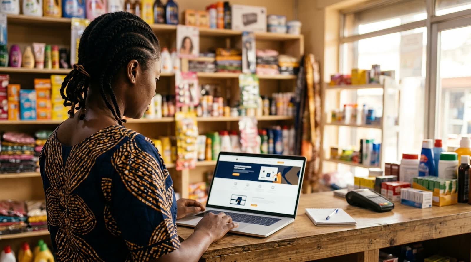 A Nigerian shop owner managing her business website on a laptop behind the counter